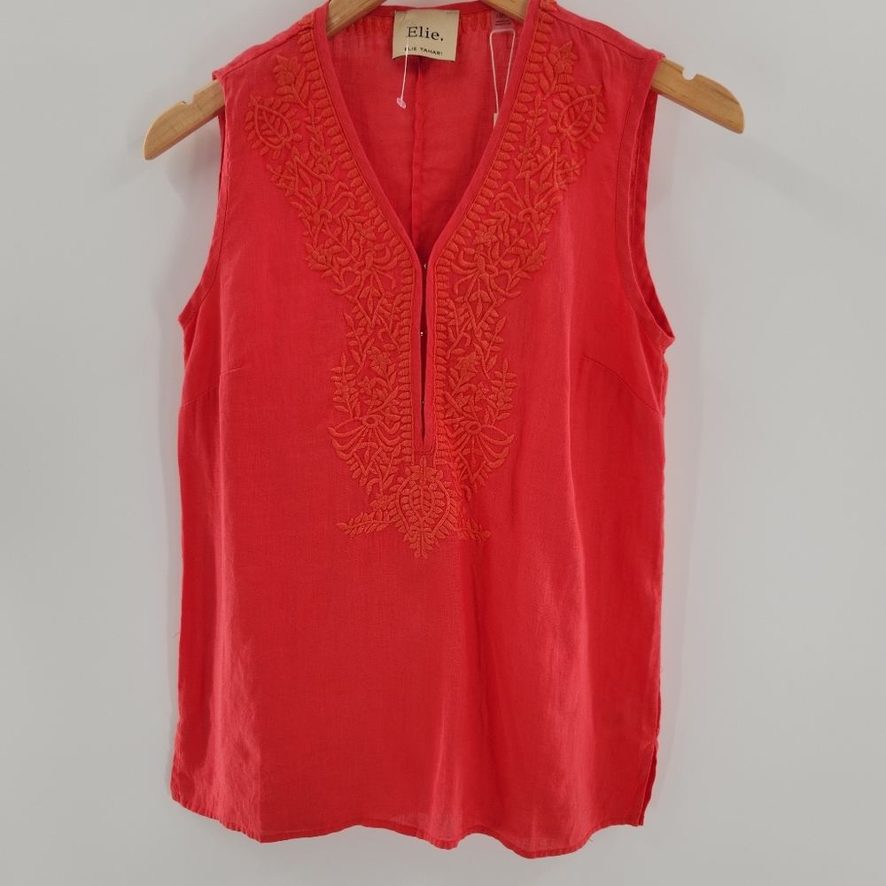 Elie Tahari 100% Linen Sleeveless Embroided Island Hibiscus Top Womens XSmall